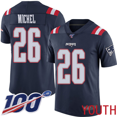 New England Patriots Football 26 100th Season Rush Vapor Limited Navy Blue Youth Sony Michel NFL Jersey